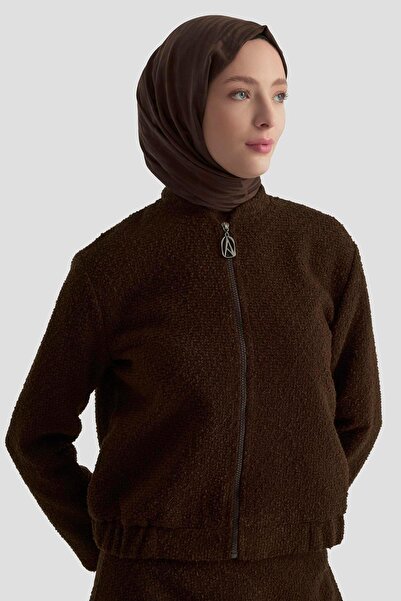 Armine TREND Bomber Jacket Zippered Lined Tweed Skirt Two-Piece Set Brown 25Kt627