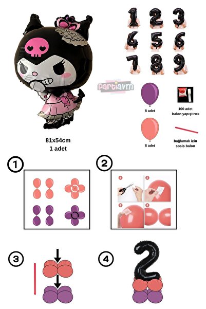 PARTİAVM Kuromi 4Th Birthday Balloon Set Sanrio Character Black Number Pink Purple Pastel Installation with Video