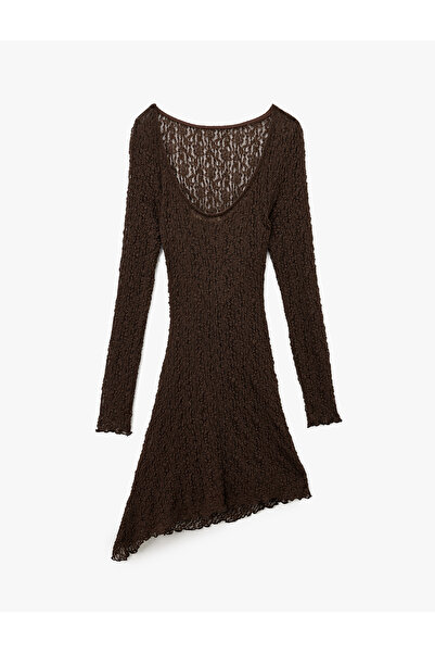 Koton Slim Fit Draped Long Sleeve Deep U Neck Asymmetrical Cut Lace Dress