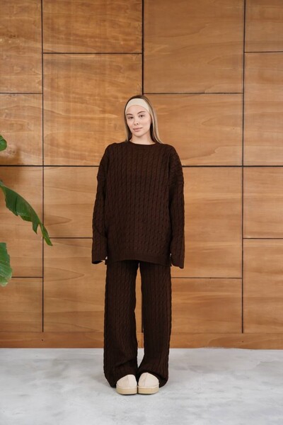 GİYSİ DÜNYASI 57 Knitted Fabric Checkered Pattern Knitted Standard Size Sweater Pants 2-Piece Set