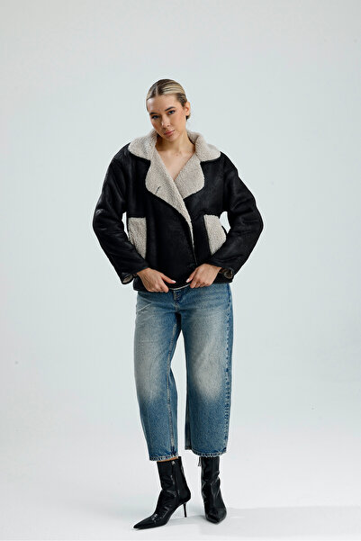 zoe star Women's Black Inside Beige Oversized Jacket