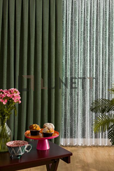 LUNETT HOME ÇİMEN YEŞİLİ RENGİ ADA KADİFE SIK PİLELİ (1X3) PİLELİ FON PERDE T...