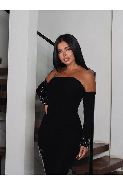 Heidi Black stretch dress with embroidery at the bottom