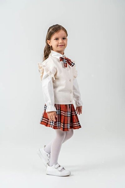 Minigimin Cicileri Combinație de fustă în carouri cu pulover cu mâneci cu vol...