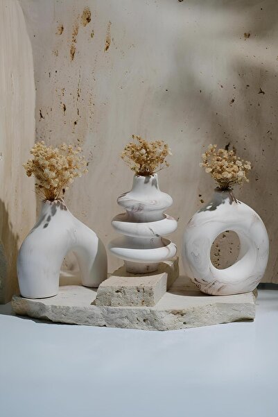 betonmall İskandinav Boho 3'lü Vazo Seti | Mermer Desenli Donut Soyut Form | Minimalist Salon Masa Süsü