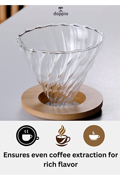 DOPPİO Glass Pour-Over Coffee Dripper with Wooden Base – V60 Compatible Ribbed Design