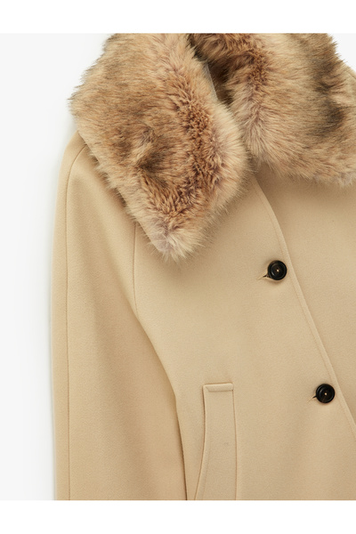 Koton Faux Fur Collar Short Cashmere Coat with Pockets Long Sleeve