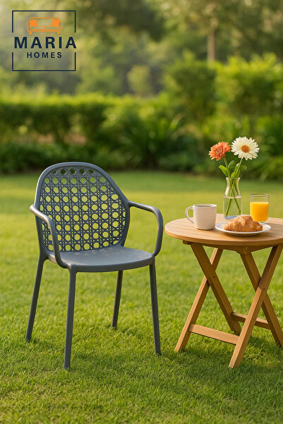 MARIA HOMES كرسي بذراعين بلاستيكي رمادي اللون بتصميم الروطان - كرسي خارجي عصر...