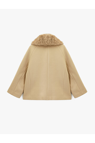 Koton Faux Fur Collar Short Cashmere Coat with Pockets Long Sleeve