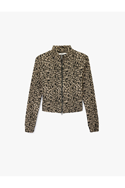Koton Slim Fit Long Sleeve Mock Neck Zippered Leopard Print Cardigan