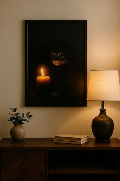 BuzzDesigns Mum Işığındaki Kedi – Loş Atmosfer Sanat Posteri (Çerçeveli)
