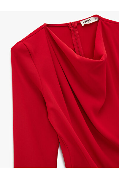 Koton Long Sleeve Degaje Collar Metal Accessory Gathered Asymmetrical Blouse