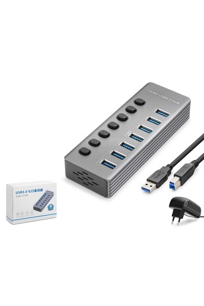 HADRON HDX7047 USB 3.0 Anahtarlı Güç Adaptörlü Hub 7 Port 5 Gbps Gri