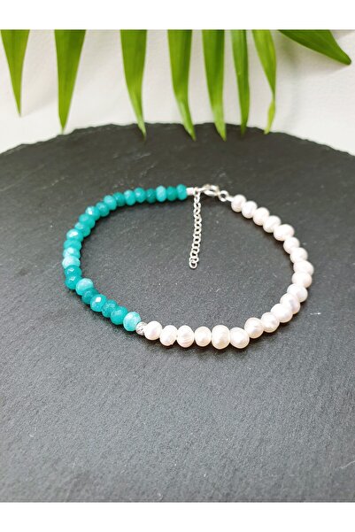Abundo Cultured pearl and turquoise jade bracelet with 925 silver, 17 cm