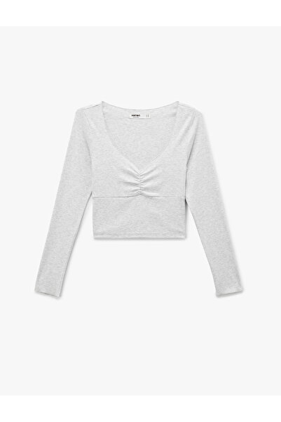 Koton Long Sleeve V-Neck Shirred Viscose Crop Slim Fit Knitted Pajama Top