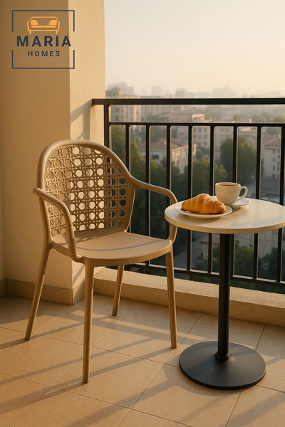 MARIA HOMES Beige Rattan Plastic Armchair – Modern Outdoor and Indoor Lightwe...