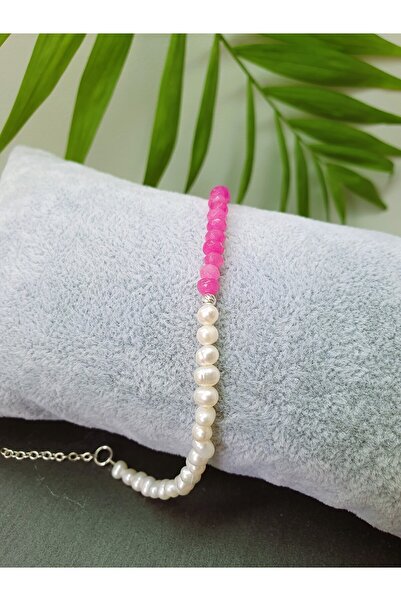 Abundo Bratara din perle de cultura si jad roz cu argint 925, 17 cm