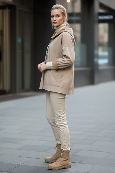 Chiccy Italian Dark Beige K Hooded Long Sleeve Casual Suede Woven Jacket with Zipper Pockets 70 65