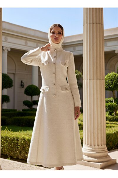 1Moda1Tarz Imported Tweed Fabric Button Detailed Lined Special Design Long Dress