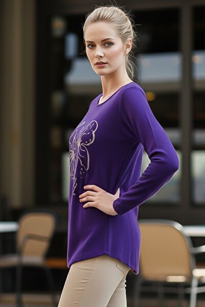 Chiccy Italian Purple Pool Collar Long Sleeve Floral Leaf B Printed Casual O Oversized Knitwear Blouse 75 75