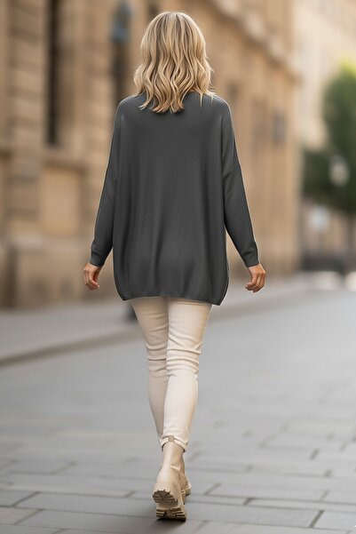 Chiccy Italian Anthracite Pool Neck Long Sleeve Slim Star Applique Casual Knitwear Blouse 70 70