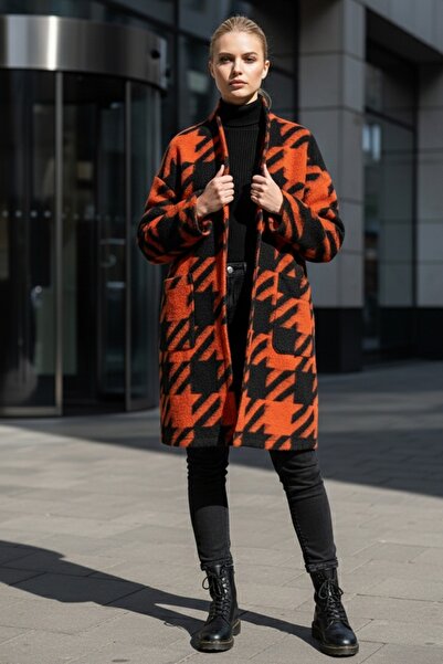 Chiccy Italian Black-Orange Kimono Collar Long Sleeve Houndstooth Unlined Casual Cashmere Woven Jacket with Pockets 100 75