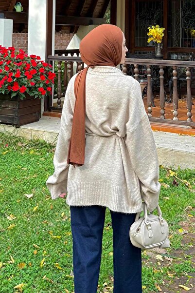 lamelif Knitted Cardigan with Tie Detail Stone