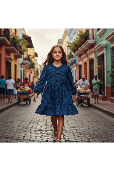 FESSHERA KİDS Girls' Dress Winter Striped Bow Collar Detailed Long Sleeve Ruffled Winter Dress