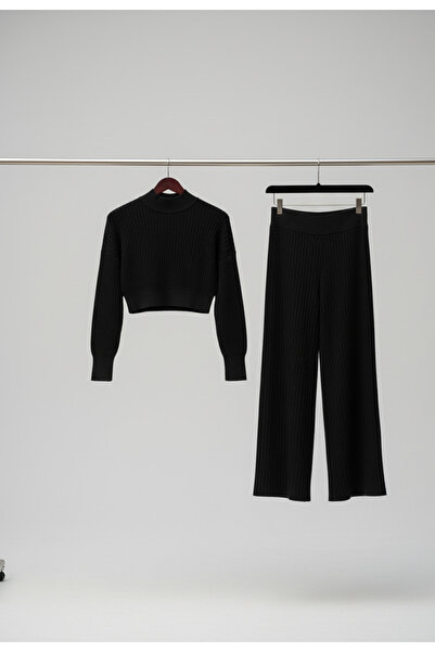 YusGos Women's Half Fisherman Knitted Crop Sweater Trousers Knitwear Top and Bottom Set