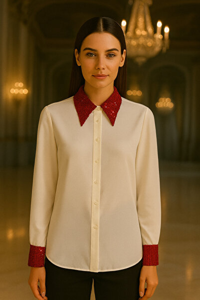 TUSSE Elegant Pointed Collar Sequin Embroidered Chiffon Plus Size Classic Evening Dress Shirt