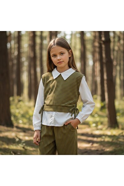 FESSHERA KİDS Girl's Shirt Collar Shirt Look Vest Set Striped Double Suit / Blouse and Pants Set