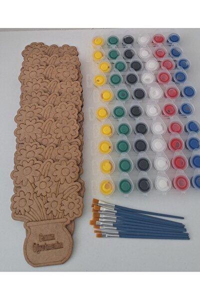 Ebrulisler 10'lu Vazolu Çiçek Canım Öğretmenim 10 Boya 10 Fırça Öğretmenler Günü Ahşap Boyama Aktivite Seti