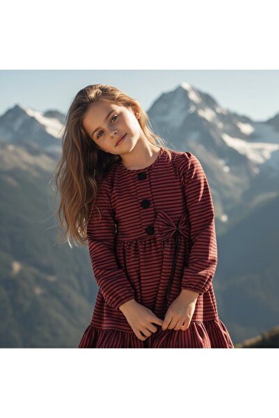 FESSHERA KİDS Φόρεμα για κορίτσια χειμερινό ριγέ φόρεμα με λεπτομέρεια με λαιμόκοψη με φιόγκο με μακρυμάνικο βολάν χειμερινό φόρεμα