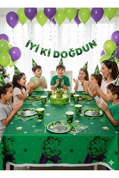 partylady Hulk Temalı Parti Seti (8 Kişilik Servis + Dekorasyon)