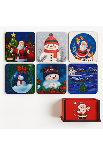 ATAGİFT HEDİYELİK Christmas Themed Set of 6 Coasters – Christmas, Snowman, Sa...