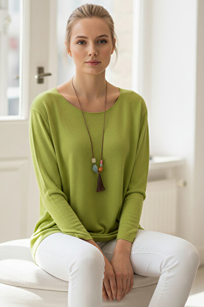 Chiccy Italian Pistachio Green Pool Collar Long Sleeve Slim Necklace Casual Knitwear Blouse 70 65