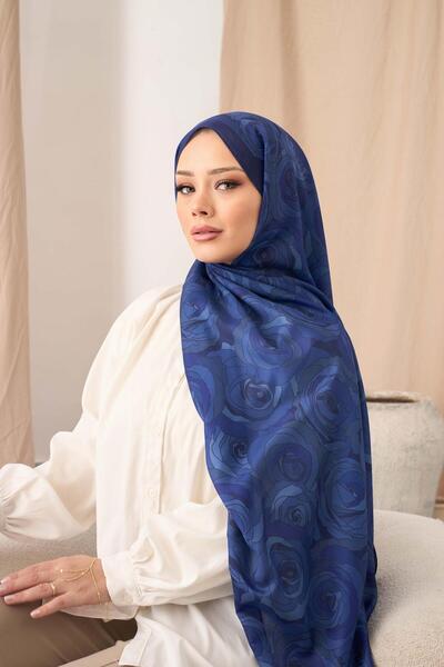 Siyane Laci̇vert Scarf Natural Rose Patterned Shawl