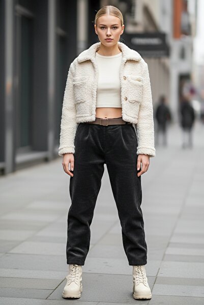 Chiccy Italian Black Pocketed Belted Elastic Waist Jogger Leg Casual Velvet Woven Trousers 100 65