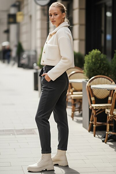 Chiccy Italian Anthracite Pocketed Belted Elastic Waist Jogger Leg Casual Velvet Woven Trousers 100 65