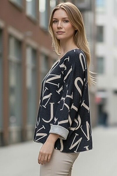 Chiccy Italian Anthracite V-Neck Long Sleeve Slim Allover Ba Printed Asual Knitwear Blouse 70 70