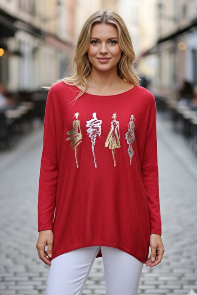 Chiccy Italian Burgundy Pool Neck Long Sleeve Varak B Printed Casual Knitwear Blouse 70 70