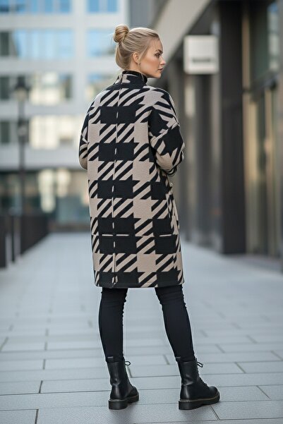 Chiccy Italian Black-Beige Kimono Collar Long Sleeve Houndstooth Unlined Casual Cashmere Woven Jacket with Pockets 100 75