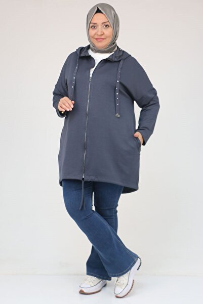 Eslina 43068 Plus Size Skirt Oval Cut Modal Jacket - Anthracite