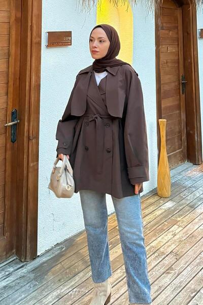 lamelif Short Trench Coat with Shoulder Epaulettes Bitter Brown