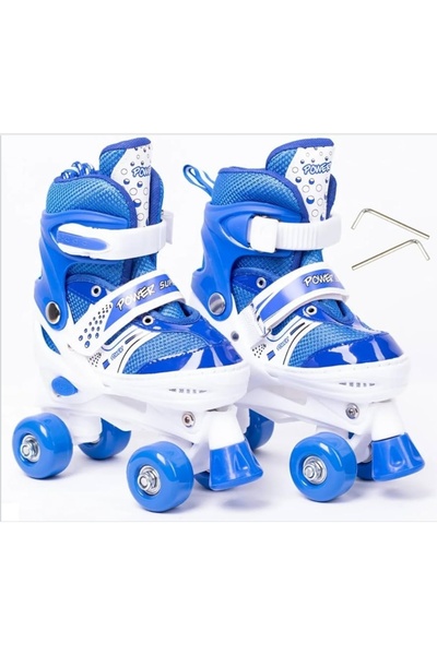 My modern game Power Superb medium-sized adjustable skate shoes (sizes 35-38) with 4 wheels and brakes, red, blue, and pink.