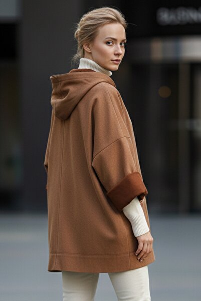 Chiccy Italian Cinnamon Color K Hooded Long Sleeve Casual Suede Woven Jacket with Zipper Pockets 70 65