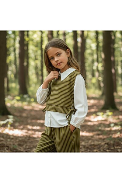 FESSHERA KİDS Girl's Shirt Collar Shirt Look Vest Set Striped Double Suit / Blouse and Pants Set