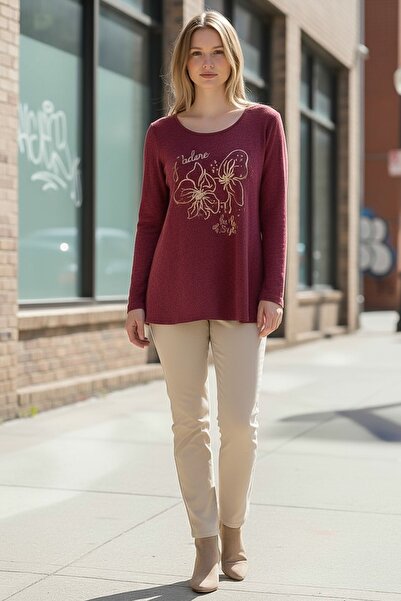 Chiccy Italian Plum Color Pool Neck Long Sleeve Floral Leaf B Printed Casual O Oversized Knitwear Blouse 75 75