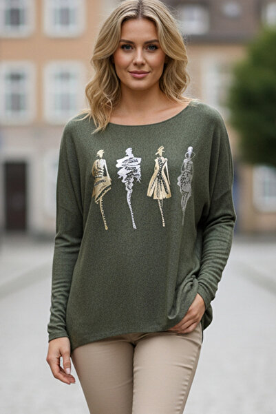 Chiccy Italian Khaki Pool Collar Long Sleeve Varak B Printed Casual Knitwear Blouse 70 70