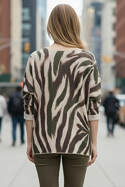 Chiccy Italian Coffee-Beige Pool Neck Long Sleeve Slim Allover Ba Printed Asual Knitwear Blouse 70 70